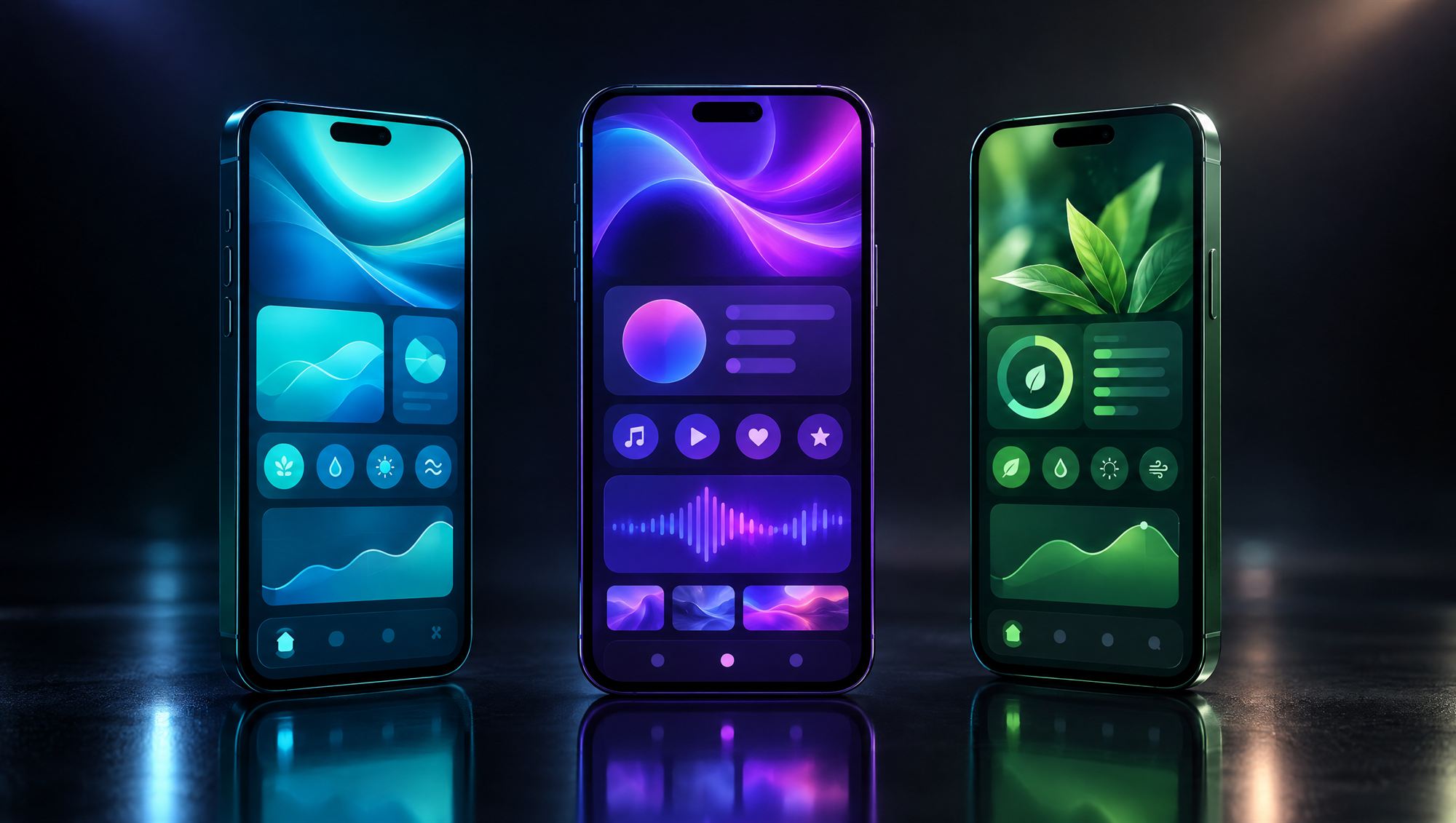 Three smartphones showing app interfaces in teal, violet and green